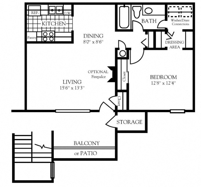 Floor plan for 1 bed, 1 bath, 748 sqft